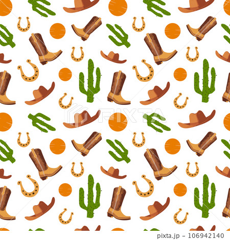 American cowboy seamless pattern. Cowboy boots, hat, horseshoe, peyote cactus, sun. Rodeo, wild west, western, boho style. Vector For print textile wrapping paper poster 106942140