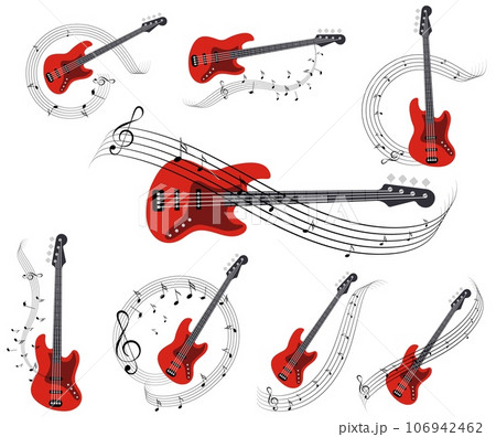 Musical instruments. Set of electric guitars with sheet music.Vector illustration 106942462