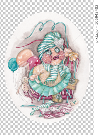 Cartoon duckling in clothes with balloons and books. Watercolor isolated illustration of an oval shape for your design on a white background Cartoon duckling in clothes with balloons and books. Watercolor isolated illustration of an oval shape for your design on a white background 106942482