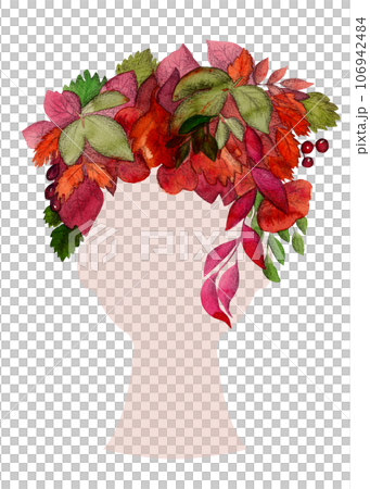 A wreath of autumn leaves in the form of a hairstyle. Watercolor illustration A wreath of autumn leaves in the form of a hairstyle. Watercolor illustration 106942484