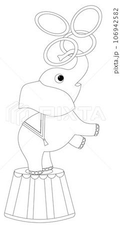 Cute baby elephant plays with rings in the circus. Cute baby elephant plays with rings in the circus. 106942582