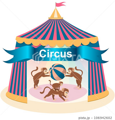 Circus banner, background with tent, monkeys play with a ball. 106942602
