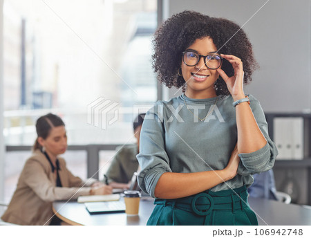 Leadership, portrait and black woman with arms crossed in office for management, empowerment and ambition. Face, leader and African female manager proud, happy and smile with confidence at startup 106942748