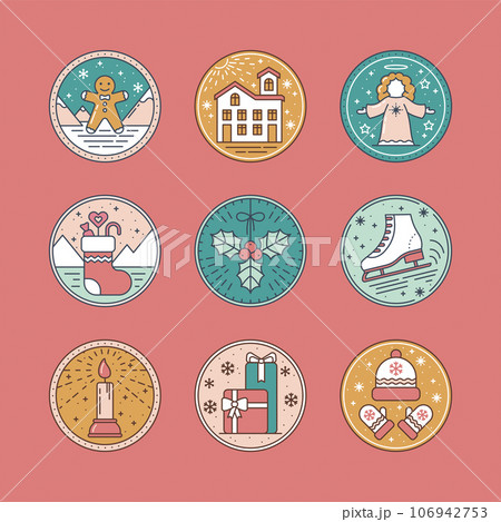 Christmas Icon Set with Ginger, Snow House, Angel, Sock, Mistletoe, Skate, Gifts, Hat, Mittens and Candle in Flat style. For New Year, holidays, Xmas elements Collection vector illustration Christmas Icon Set with Ginger, Snow House, Angel, Sock, Mistletoe, Skate, Gifts, Hat, Mittens and Candle in Flat style. For New Year, holidays, Xmas elements Collection vector illustration 106942753