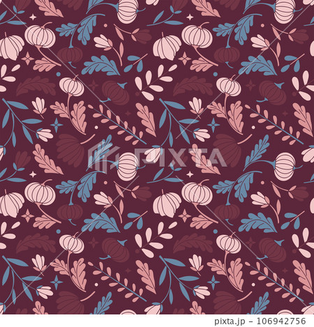 Modern colored seamless violet pattern with flowers and geometric elements. Purple, blue, pink colors. Vector illustration 106942756