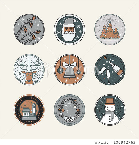 Christmas Icons Set with Snowflakes, Christmas tree, Champagne, Santa Claus, Deer, Wreath, Snowman, Snow Ball in Flat style. For business, holidays, Vector illustration Christmas Icons Set with Snowflakes, Christmas tree, Champagne, Santa Claus, Deer, Wreath, Snowman, Snow Ball in Flat style. For business, holidays, Vector illustration 106942763