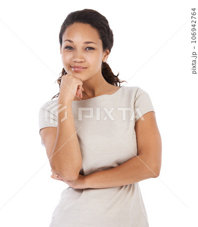 Business woman, portrait and white background of a black woman employee proud of work. Isolated, entrepreneur smile and professional worker ready for job, career and working with mock up space 106942764