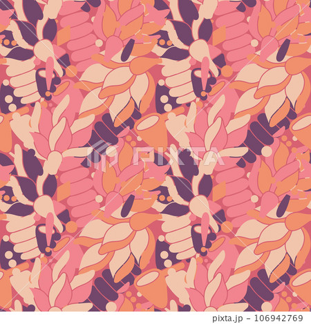 Modern colored seamless pastel pattern with flowers and geometric elements. Purple, orange, pink and beige colors. Vector illustration Modern colored seamless pastel pattern with flowers and geometric elements. Purple, orange, pink and beige colors. Vector illustration 106942769