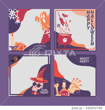 Happy Halloween mysterious social media banner with copy space template set with magic elements. Pumpkin, potion, candle, Ghost, skull, magic hat. Poster, banner, special offer with transparent part Happy Halloween mysterious social media banner with copy space template set with magic elements. Pumpkin, potion, candle, Ghost, skull, magic hat. Poster, banner, special offer with transparent part 106942780