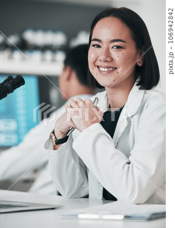 Science, healthcare and portrait of Asian woman in laboratory for research, analysis and study. Chemistry, pharmaceutical and happy scientist with equipment for medical innovation, sample and testing 106942842