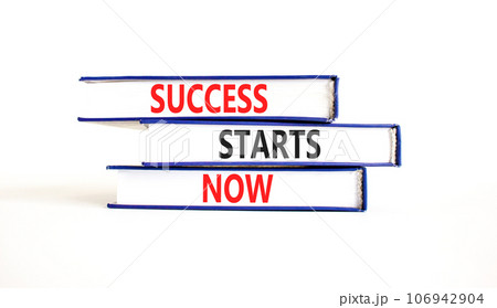 Success starts now symbol. Concept word Success starts now on beautiful books. Beautiful white table white background. Business motivational success starts now concept. Copy space. Success starts now symbol. Concept word Success starts now on beautiful books. Beautiful white table white background. Business motivational success starts now concept. Copy space. 106942904