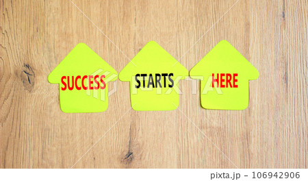 Success starts here symbol. Concept word Success starts here on beautiful yellow paper house. Beautiful wooden table wooden background. Business motivational success starts here concept. Copy space. 106942906