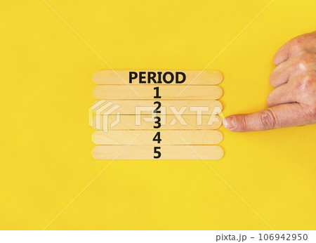 Time to period 3 symbol. Concept word Period 1 2 3 4 5 on wooden sticks. Businessman hand. Beautiful yellow table yellow background. Business planning and time to period 3 concept. Copy space. Time to period 3 symbol. Concept word Period 1 2 3 4 5 on wooden sticks. Businessman hand. Beautiful yellow table yellow background. Business planning and time to period 3 concept. Copy space. 106942950