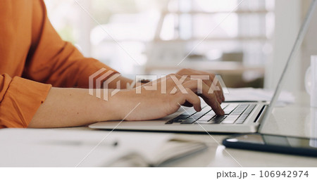 Hands, woman and laptop keyboard at table for planning, online research and blog on internet. Closeup, computer and typing on technology for website connection, email and digital copywriting at desk Hands, woman and laptop keyboard at table for planning, online research and blog on internet. Closeup, computer and typing on technology for website connection, email and digital copywriting at desk 106942974