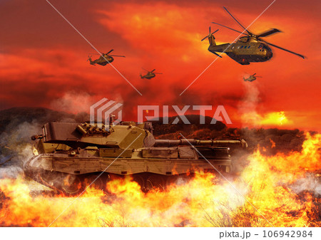 Tank, military and helicopter with fire in explosion for service, army duty and conflict in city. Target, apocalypse and airforce with bombs for armed forces, defense and warfare in battlefield 106942984