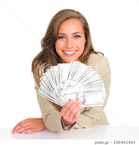Business woman, portrait and money fan in finance for wealth, winning or salary against a white studio background. Isolated happy female person or model with cash and smile for financial freedom Business woman, portrait and money fan in finance for wealth, winning or salary against a white studio background. Isolated happy female person or model with cash and smile for financial freedom 106942985