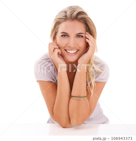 Portrait, beauty and fashion with a model woman in studio on a white background for skincare or style. Face, luxury and wellness with an attractive young female posing to promote a natural product Portrait, beauty and fashion with a model woman in studio on a white background for skincare or style. Face, luxury and wellness with an attractive young female posing to promote a natural product 106943371