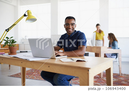 Journalist, portrait or happy black man with laptop for research on online business or copywriting. Smile, digital agency or worker typing for blog content, reports or internet article on computer Journalist, portrait or happy black man with laptop for research on online business or copywriting. Smile, digital agency or worker typing for blog content, reports or internet article on computer 106943400