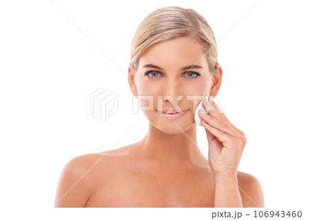 Cotton pad, portrait or woman with skincare or facial treatment or girl grooming product on white background. Wellness, luxury or beauty model cleaning face with marketing mockup space in studio 106943460