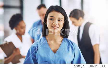 Healthcare, smile and portrait of nurse in hospital for support, help and wellness in clinic. Health care, happiness and medicine, confident and Asian woman, face of medical professional or caregiver Healthcare, smile and portrait of nurse in hospital for support, help and wellness in clinic. Health care, happiness and medicine, confident and Asian woman, face of medical professional or caregiver 106943611