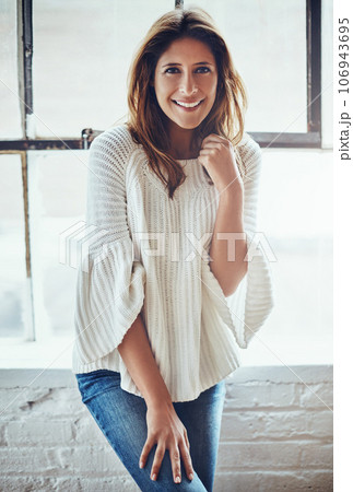 Woman, happy portrait and home window for relax lifestyle, smile or casual fashion for confident style. Home owner, happiness and standing by apartment wall for beauty, motivation or excited for life Woman, happy portrait and home window for relax lifestyle, smile or casual fashion for confident style. Home owner, happiness and standing by apartment wall for beauty, motivation or excited for life 106943695