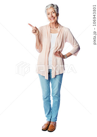Mockup, portrait and happy old woman point at sales promo, luxury present gift or discount deal mock up. Studio advertising space, marketing product placement and model isolated on white background 106943801