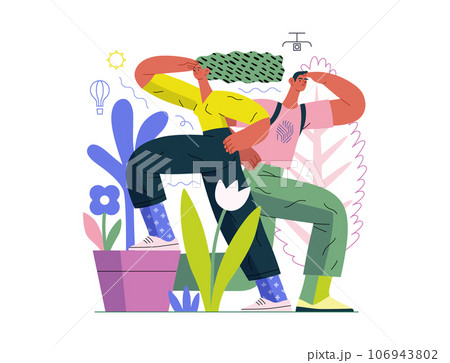Greenery, ecology -modern flat vector concept illustration of observing people surrounded by plants. Metaphor of environmental sustainability and protection, closeness to nature 106943802