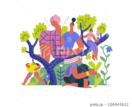 Greenery, ecology -modern flat vector concept illustration of people on a tree, surrounded by plants. Metaphor of environmental sustainability and protection, closeness to nature Greenery, ecology -modern flat vector concept illustration of people on a tree, surrounded by plants. Metaphor of environmental sustainability and protection, closeness to nature 106943812