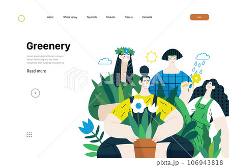 Greenery, ecology -modern flat vector concept illustration of people surrounded by plants and flowers. Metaphor of environmental sustainability and protection, closeness to nature 106943818