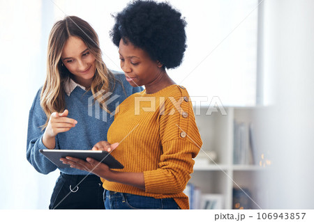 Tablet, diversity and creative with business people thinking in their office together for design or project management. Technology, planning and problem solving with an employee team in the workplace 106943857