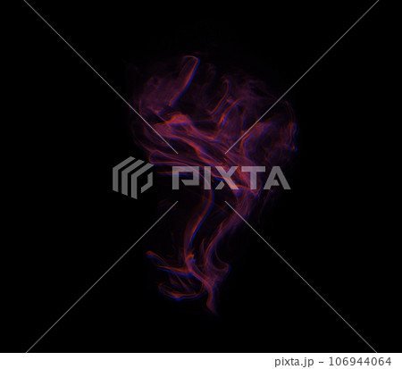 Smoke, shadow and red fog with vapor, incense and creative art with studio and swirl. Colorful, neon puff and black background isolated with steam effect, cloud and magic mist of aura in the air 106944064
