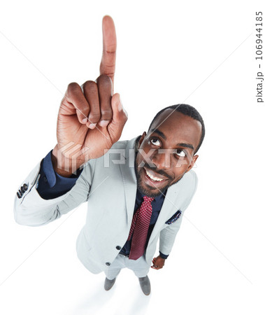 High angle, businessman and pointing up on isolated white background, marketing space and advertising mockup. Smile, happy and corporate worker in creative pov with showing hands gesture on mock up High angle, businessman and pointing up on isolated white background, marketing space and advertising mockup. Smile, happy and corporate worker in creative pov with showing hands gesture on mock up 106944185