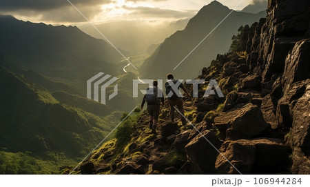 Two travelers help each other in the mountains 106944284