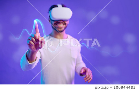 Futuristic, hand and virtual reality, man and screen touch, metaverse and technology innovation in studio. Digital transformation, ux and gaming, cyber tech overlay and vr goggles with mockup space 106944483