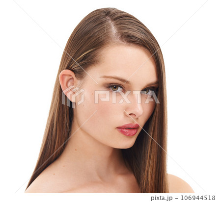 Face portrait, beauty and hair care of woman in studio isolated on a white background. Makeup cosmetics, skincare and female model with balayage after salon treatment for growth, texture or hairstyle 106944518
