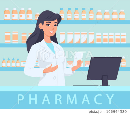 Female pharmacist behind the counter with shelves with medicines on background. Vector illustration. Female pharmacist behind the counter with shelves with medicines on background. Vector illustration. 106944520