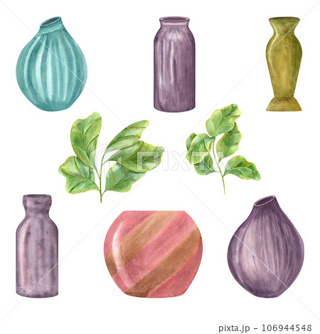 Set of watercolor ceramic vases, pots and green plants. Ficus lyrata, ceramics, home comfort, decor, houseplants with fiddle-leaf fig, interior decor, design element. Watercolor illustration Set of watercolor ceramic vases, pots and green plants. Ficus lyrata, ceramics, home comfort, decor, houseplants with fiddle-leaf fig, interior decor, design element. Watercolor illustration 106944548
