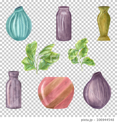 Set of watercolor ceramic vases, pots and green plants. Ficus lyrata, ceramics, home comfort, decor, houseplants with fiddle-leaf fig, interior decor, design element. Watercolor illustration Set of watercolor ceramic vases, pots and green plants. Ficus lyrata, ceramics, home comfort, decor, houseplants with fiddle-leaf fig, interior decor, design element. Watercolor illustration 106944548