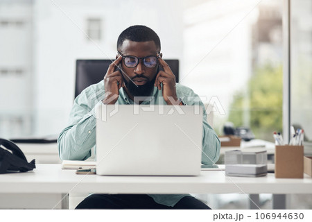 Thinking, computer and business man in office planning, brainstorming and problem solving for IT career. Ideas, inspiration search and brain fog of african person on laptop, website or app solution Thinking, computer and business man in office planning, brainstorming and problem solving for IT career. Ideas, inspiration search and brain fog of african person on laptop, website or app solution 106944630
