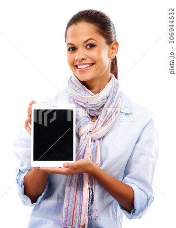 Happy woman, portrait or showing tablet mockup on isolated white background of social media or website app. Digital technology, mock up or blank advertising space for smile or studio learning student 106944632
