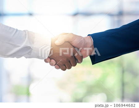 Diversity, B2B partnership handshake and business people for collaboration, company onboarding or teamwork innovation bokeh and lens flare. Corporate men shaking hand in deal, solidarity or thank you 106944682
