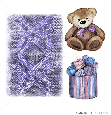 Set of watercolor illustrations of bear, ball and background. High quality 106944728