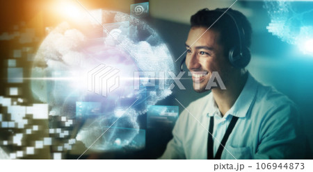 Call center, digital hologram and man in happy communication, telemarketing and global networking sales. Virtual consultant, agent or telecom person with futuristic overlay and business consulting 106944873