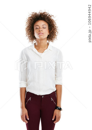 Relax, mindset and black woman in studio for zen, meditation and breathing on white background. Peace, girl and corporate employee mediate before start of work, deep breathing and standing isolated Relax, mindset and black woman in studio for zen, meditation and breathing on white background. Peace, girl and corporate employee mediate before start of work, deep breathing and standing isolated 106944942