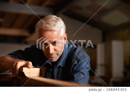 Wood, maintenance and senior man with a project, renovation or small business with tools. Male entrepreneur, carpentry designer or builder with creativity, manufacturing and development in a workshop Wood, maintenance and senior man with a project, renovation or small business with tools. Male entrepreneur, carpentry designer or builder with creativity, manufacturing and development in a workshop 106945303