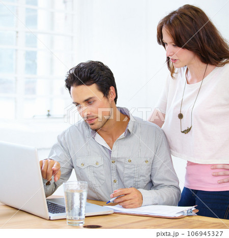 Computer, focus and business people planning, reading and review for website design, online launch and brainstorming in office. Professional woman and partner or boss on laptop for ideas and feedback Computer, focus and business people planning, reading and review for website design, online launch and brainstorming in office. Professional woman and partner or boss on laptop for ideas and feedback 106945327