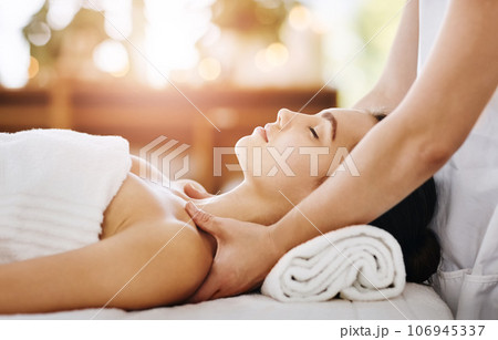 Skincare, beauty and massage with woman in spa for wellness, luxury and cosmetics treatment. Relax, peace and zen with female customer and hands of therapist for physical therapy, salon and detox 106945337