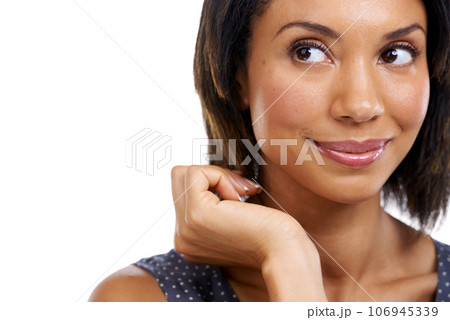 Mockup, studio background and black woman thinking of ideas, mindset and planning to remember memory. Inspiration, solution and face of studio model, question goals and daydream of happy opportunity 106945339