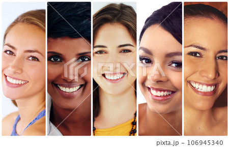 Smiles and beauty. Composite image of a diverse group of attractive young women. 106945340