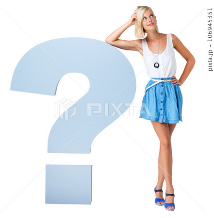 Question mark, doubt and woman in a studio with thinking, curiosity and contemplating expression. Confusion, wondering and full length of a thoughtful female model isolated by a white background. Question mark, doubt and woman in a studio with thinking, curiosity and contemplating expression. Confusion, wondering and full length of a thoughtful female model isolated by a white background. 106945351